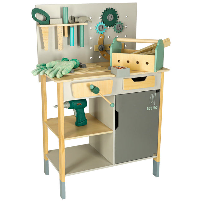 Banc de lucru cu unelte și bormașină de jucărie cu sunete - Atelier de bricolaj pentru copii, din lemn, 86 cm